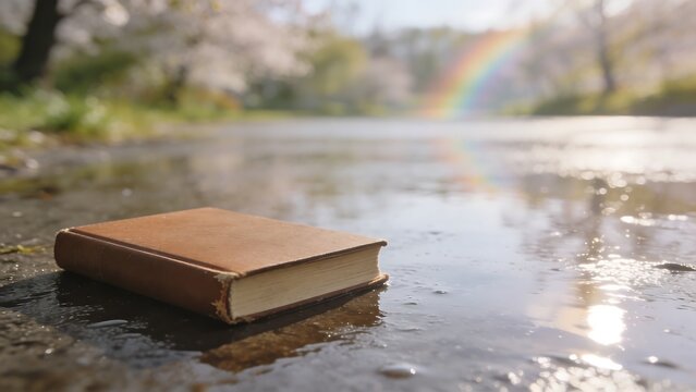 Old book resting on wet ground with a rainbow in the background