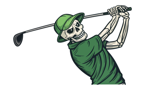 A skeleton in a green outfit swinging a golf club with a menacing grin