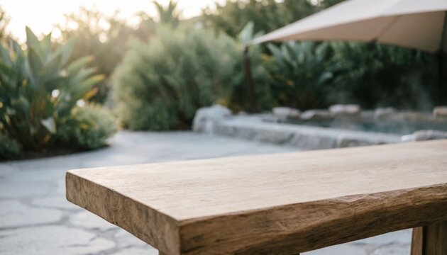 Rustic Wooden Table in Garden with Umbrella and Plants for Outdoor Living Concept