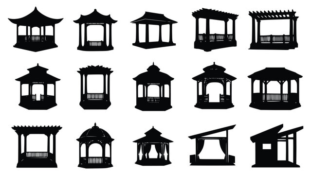 Black silhouettes of various gazebo and pergola structures