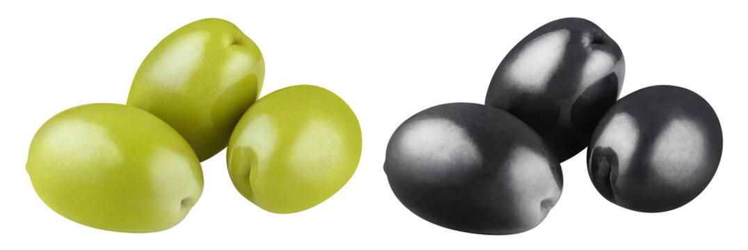 Set of green and black olives, isolated on cutout transparent background