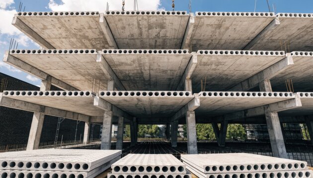 Medium shot of parking deck construction using prestressed hollow core slabs emphasizing load distribution and void design for weight reduction and durability.