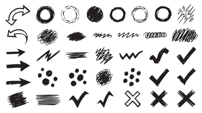 Hand drawn checkmarks arrows and scribbles on white background for design elements