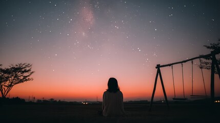 Fototapeta premium Woman is sitting on the grass in a field at night. The sky is filled with stars and the sun is setting