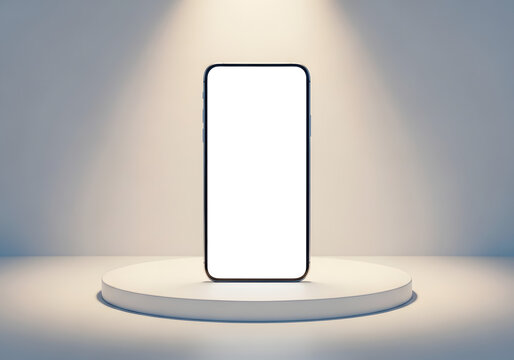 Blank smartphone screen on illuminated podium with soft spotlight for modern tech presentation