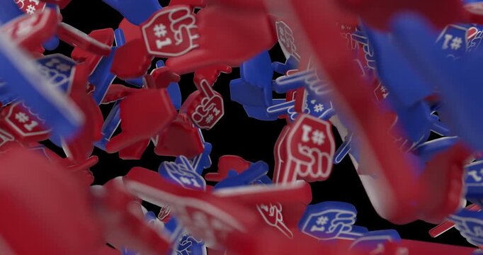 A playful 3D falling animation featuring red and blue foam finger icons dropping densely and piling across the frame. Delivered in 4K with alpha channel, this asset is ideal for sports themes, fan cel