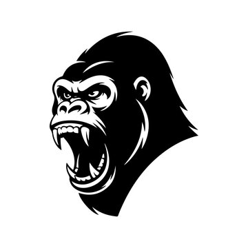 A black and white vector illustration of an aggressive, roaring gorilla profile. A powerful and intense mascot design perfect for sports, branding, and logos.