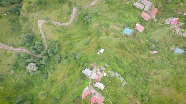 Top-down aerial shot of an off-grid rural homestead and red-roofed cabin surrounded by pine trees in India.