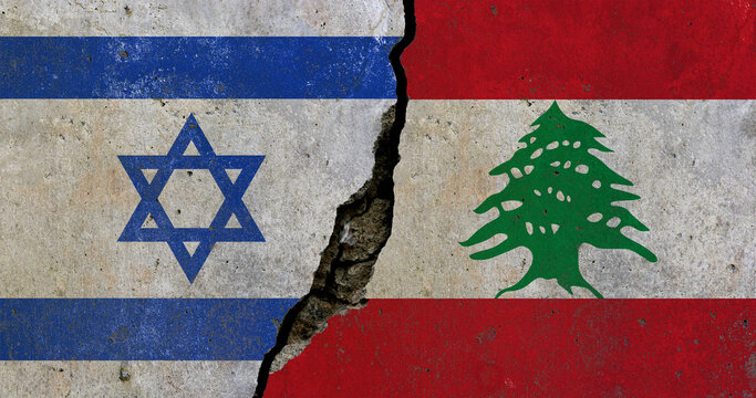 Israel vs Lebanon conflict flags on cracked wall background concept