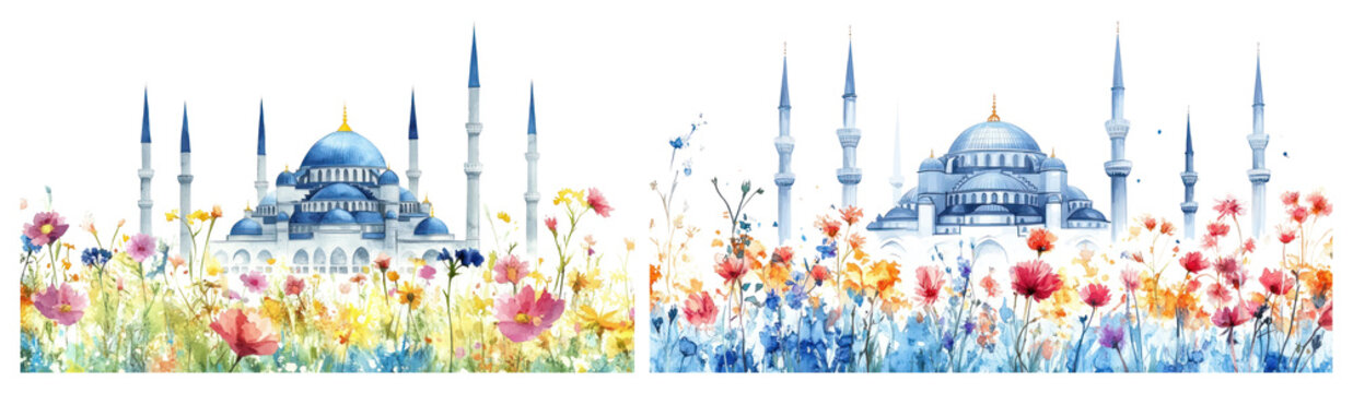PNG Watercolor mosque with flowers, transparent background