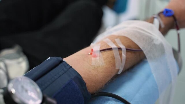 Male volunteer donating blood in a hospital clinic