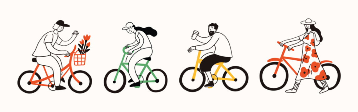 Different people riding bicycle. Female and male in various positions. Funny simple doodle style. Cyclists in movement set. Ride, cycling, bicycle, sport concept. Hand drawn modern Vector illustration