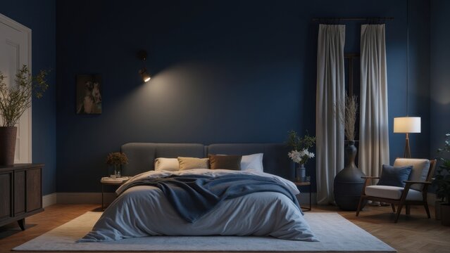 A cozy bedroom with blue walls and a large bed set against the wall.