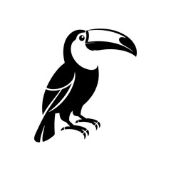 Fototapeta premium A black and white vector silhouette of a toucan, showcasing its iconic large beak. A clean, bold design perfect for tropical, nature, or wildlife-themed branding.