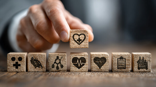 A hyperrealistic healthcare industry strategy concept of a businessman stacking wooden blocks with medical and insurance icons o