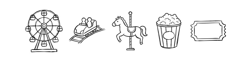 Hand-drawn doodle icons of amusement park attractions: ferris wheel, roller coaster, carousel horse, popcorn, and ticket. Minimalist black line art set on a white background for a playful theme. © Nort Kor