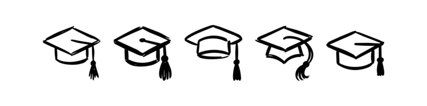 Set of five hand-drawn graduation cap doodles. Minimalist black ink sketches of academic mortarboards with tassels on white background. Ideal for school, college, and university graduation themes.