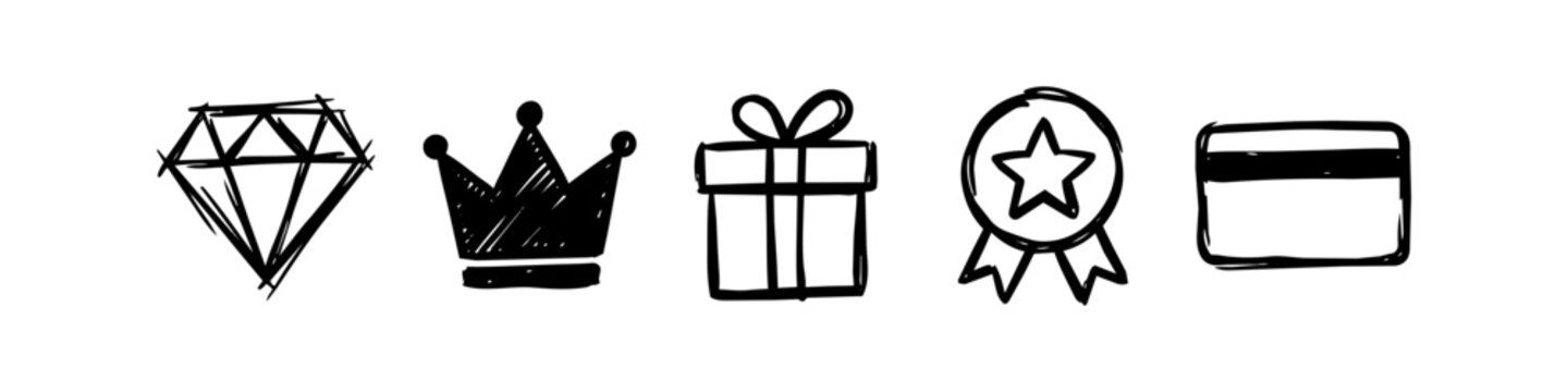 Set of hand-drawn loyalty and reward icons: diamond, crown, gift, medal, and credit card. Black ink doodle style for premium membership, VIP status, and business marketing concepts.