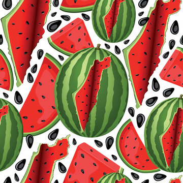 Palestine Map Watermelon Slice Summer Fresh Fruit and Seeds Vector Seamless Repeat Textile Pattern EPS
