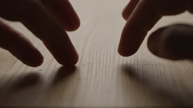 Close-up of hands tapping fingers on a wooden table, anticipation, waiting, suspense