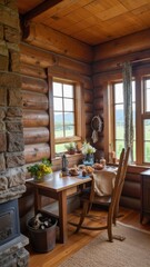 Fototapeta premium Warm and cozy wooden cabin interior with a table, chairs and window. Log cabin decor gives it a rustic charm.