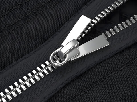 High-angle close-up of a premium chrome metallic zipper on black textured fabric background. Detailed macro of silver zip slider and teeth for fashion, clothing repair, and textile industry concept.