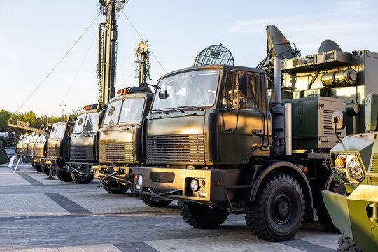 Military equipment and army equipment.. Fleet of military trucks organized for efficient resupply and deployment. Military transportation units arranged to exhibit swift movement