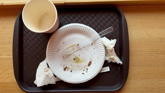 Used cardboard disposable tableware in the form of glasses, plates, forks, napkins after eating on a plastic tray. Public cafeteria. Close-up.