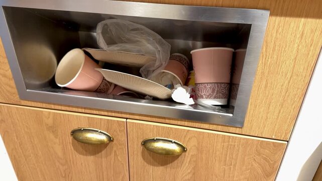 Cafeteria wooden bin overflowing with used disposable cups, plates and utensils in metal opening of service compartment, warm wood.