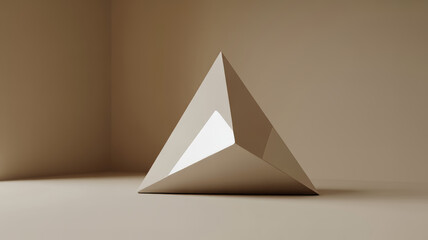 Fototapeta premium A white steel pyramid sits in a corner of a room with beige walls and floor