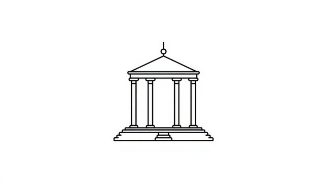Simple temple with columns and triangular roof in single continuous line drawing style on white background