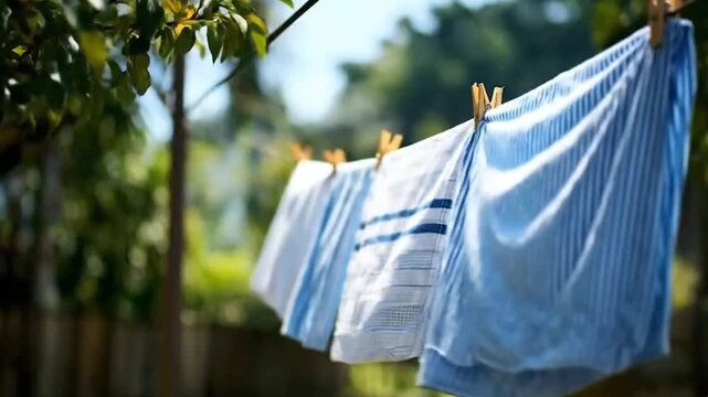 Laundry hanging on a clothesline to dry in a sunny garden, household chores and sustainable living concept.