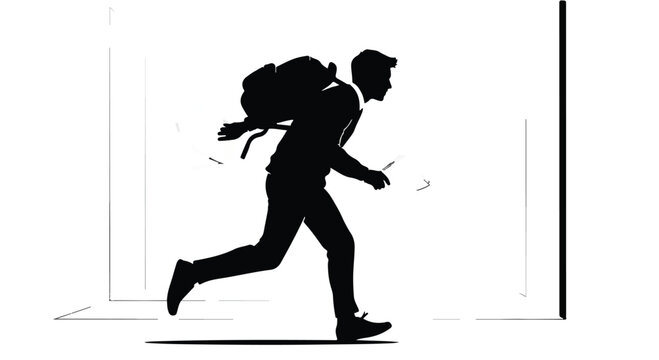 Silhouette of young traveler backpacker running to catch flight or train with luggage in airport or train station