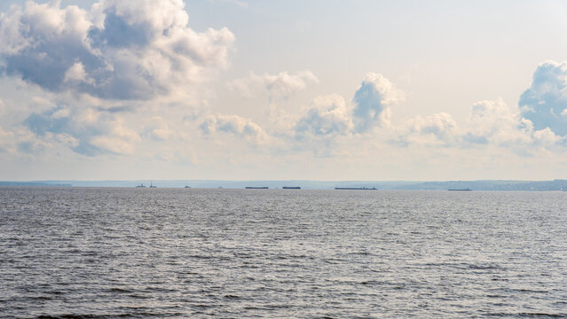 A small island in the middle of the Volga River in the vicinity of Kazan on a cloudy day. Tatarstan, Russia.
