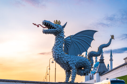 Dragon Zilant - the symbol of the city of Kazan and the Kul Sharif mosque of the Kazan Kremlin. Russia. Summer evening view