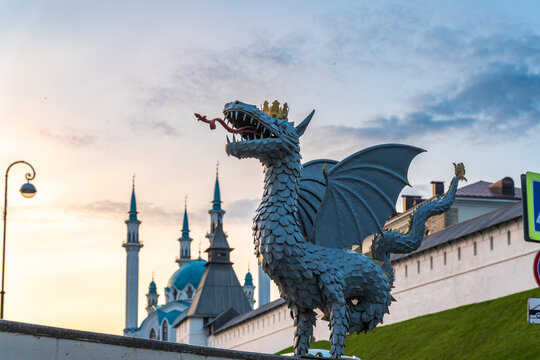 Dragon Zilant - the symbol of the city of Kazan and the Kul Sharif mosque of the Kazan Kremlin. Russia. Summer evening view