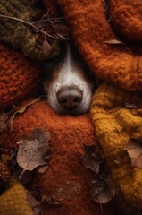 Naklejka premium Cozy macro of a dog's nose among autumn blankets and leaves.