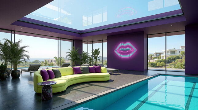 Luxurious modern villa interior with vibrant purple walls, neon lips art, lime green curved sofa, and turquoise indoor pool overlooking ocean