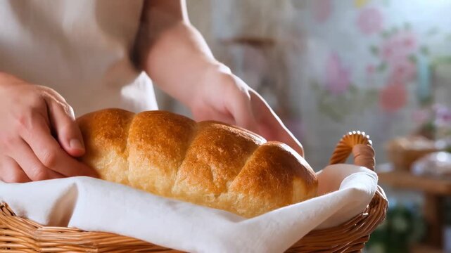 Freshly baked golden Easter bread loaf lifted into wicker basket, steaming warmly in a softly lit bakery interior with floral pastel decorations, celebration atmosphere, video footage