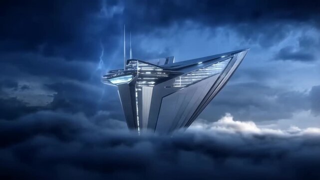 Futuristic metallic megastructure towering through dark thunderclouds with dramatic lightning strikes illuminating the stormy sky around it