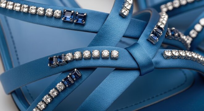 Blue satin high heel shoe with crystal embellishment. Elegant footwear for evening event or festive party. Close up macro detail of decorated strap and luxury fashion accessory.