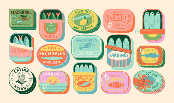 Vintage hand drawn canned fish cartoon illustration set. Colorful tinned sardines sea food graphic element collection. Sardine can drawing bundle on isolated background.