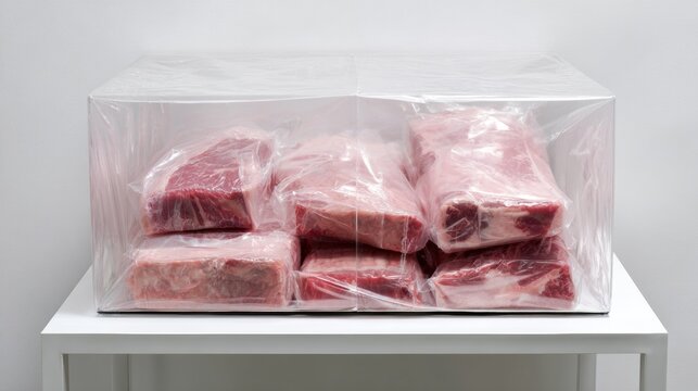 Raw meat packaged in plastic displayed on table creating conceptual food preservation scene with minimal composition and industrial aesthetic