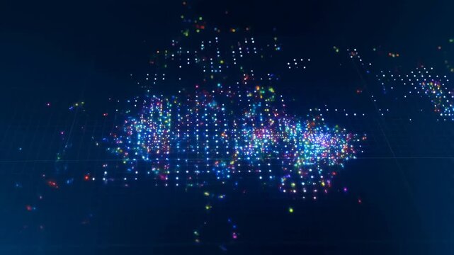 Dynamic digital visualization of North America with glowing multi-colored data points on blue grid, representing network activity and data flow in futuristic tech environment video footage