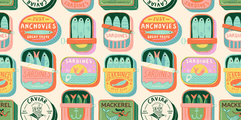 Stoffe zum Nähen Vintage hand drawn canned fish cartoon seamless pattern. Colorful tinned sardines sea food background illustration. Sardine can drawing surface print.