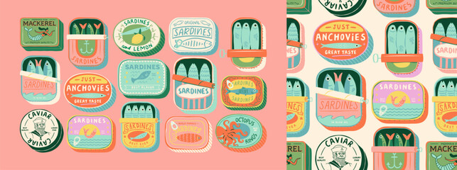 Obraz na płótnie Canvas Vintage hand drawn canned fish cartoon seamless pattern set. Colorful tinned sardines sea food background illustration. Sardine can drawing surface print.