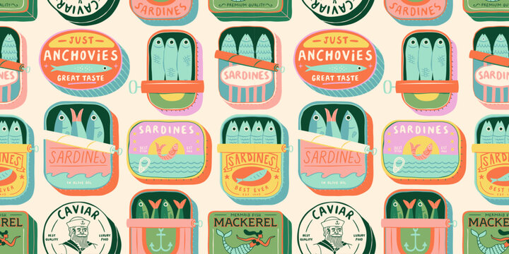 Vintage hand drawn canned fish cartoon seamless pattern. Colorful tinned sardines sea food background illustration. Sardine can drawing surface print.