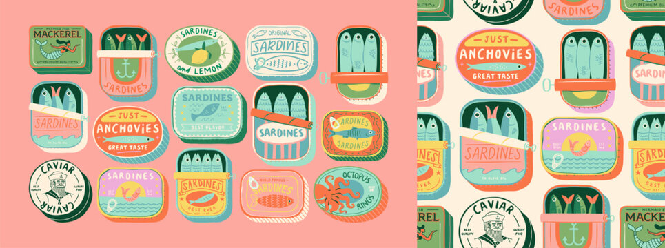 Vintage hand drawn canned fish cartoon seamless pattern set. Colorful tinned sardines sea food background illustration. Sardine can drawing surface print.