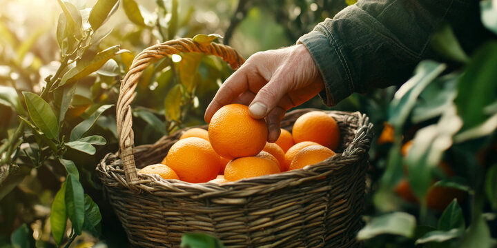 A close-up of a farmer's hand selecting a ripe orange from a basket in a vibrant citrus grove under warm sunlight during harvest time