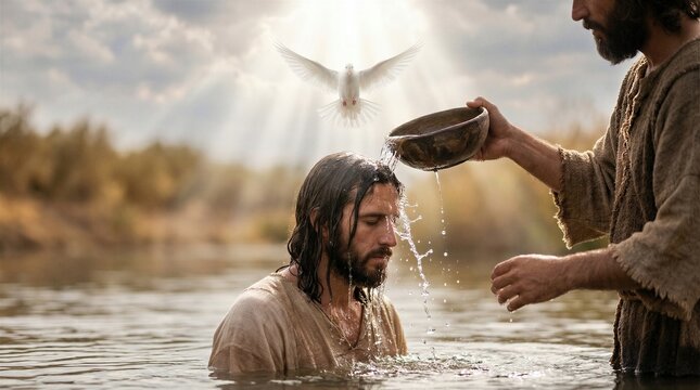 Baptism of Jesus by John the Baptist in the Jordan River with Holy Dove Descending from Heaven